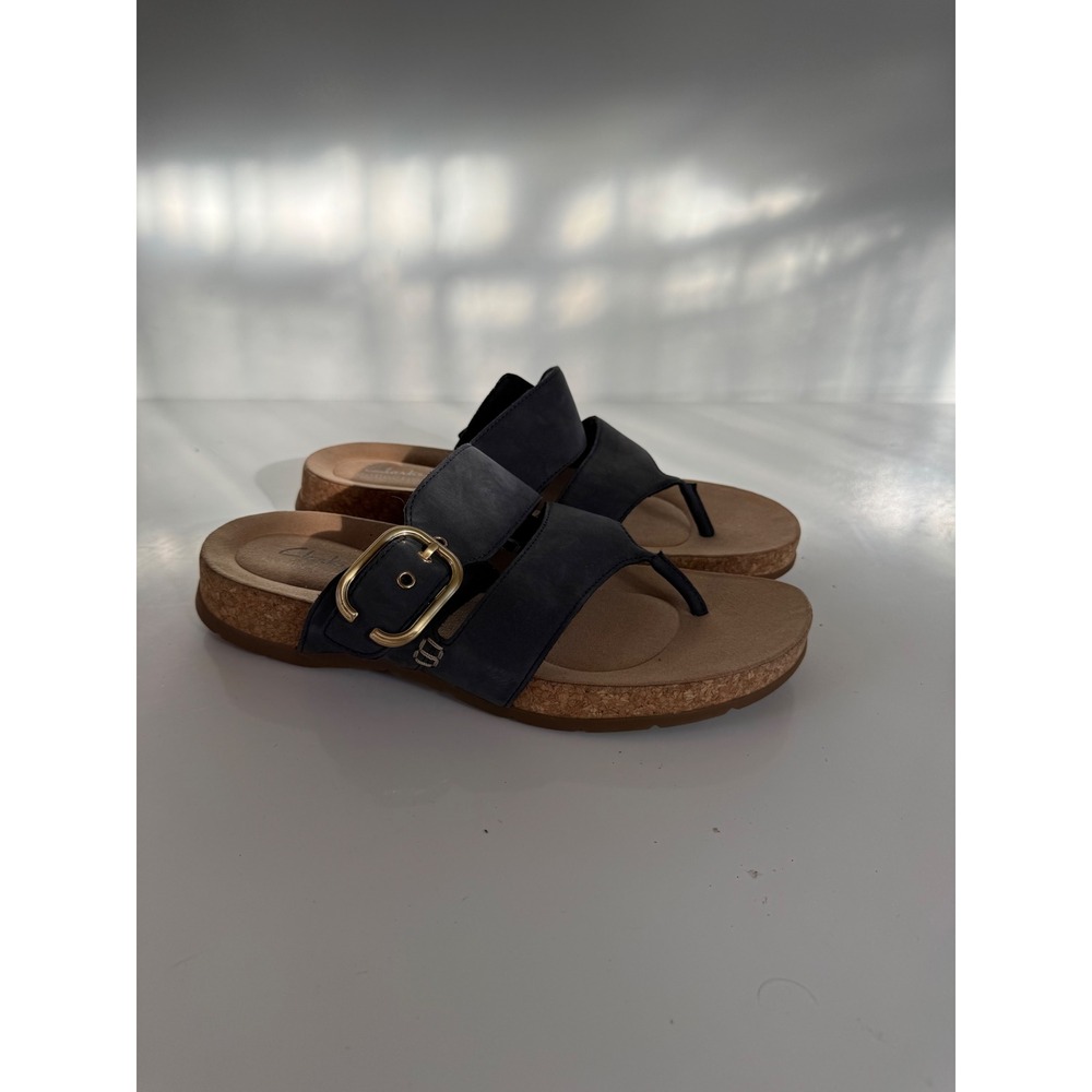 Clarks Reileigh Park Navy Nubuck Leather Buckle Thong Sandals Women 10
